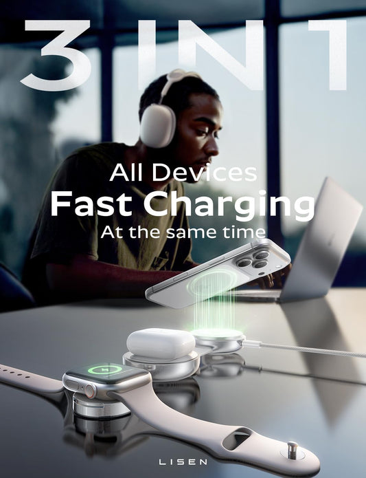 LISEN 15W Qi2 MagSafe Charger, Portable 3 in 1 Charging Station Apple Wireless Charger iPhone and Watch Charging Station, Magnetic Phone Charger iPhone Airpods Apple Watch Charger Fast Charging
