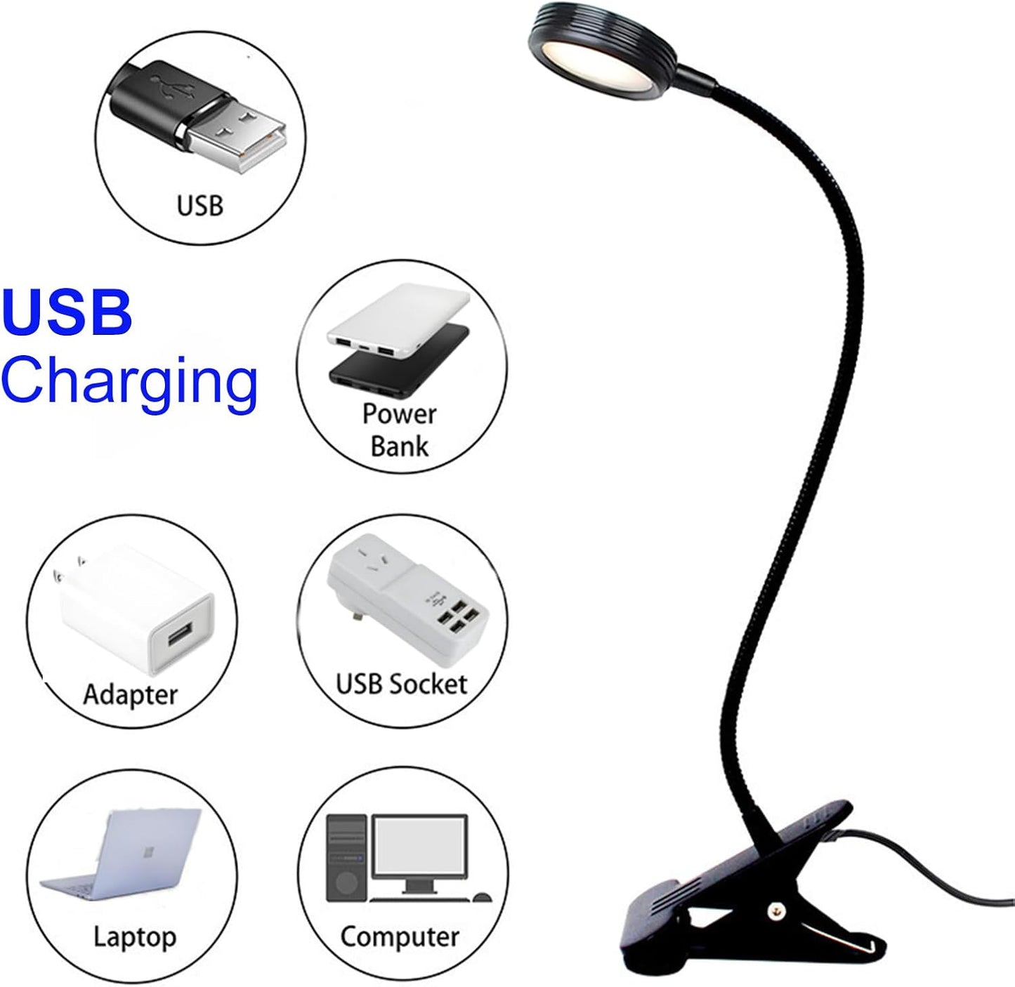 USB Clip-On Desk Lamp with 3 Color Modes, Adjustable Brightness, Flexible Gooseneck, 1 Minute Timer, Book Light for Kids Reading Book in Bed at Night Clip on Table, headboard, Dorm, Black