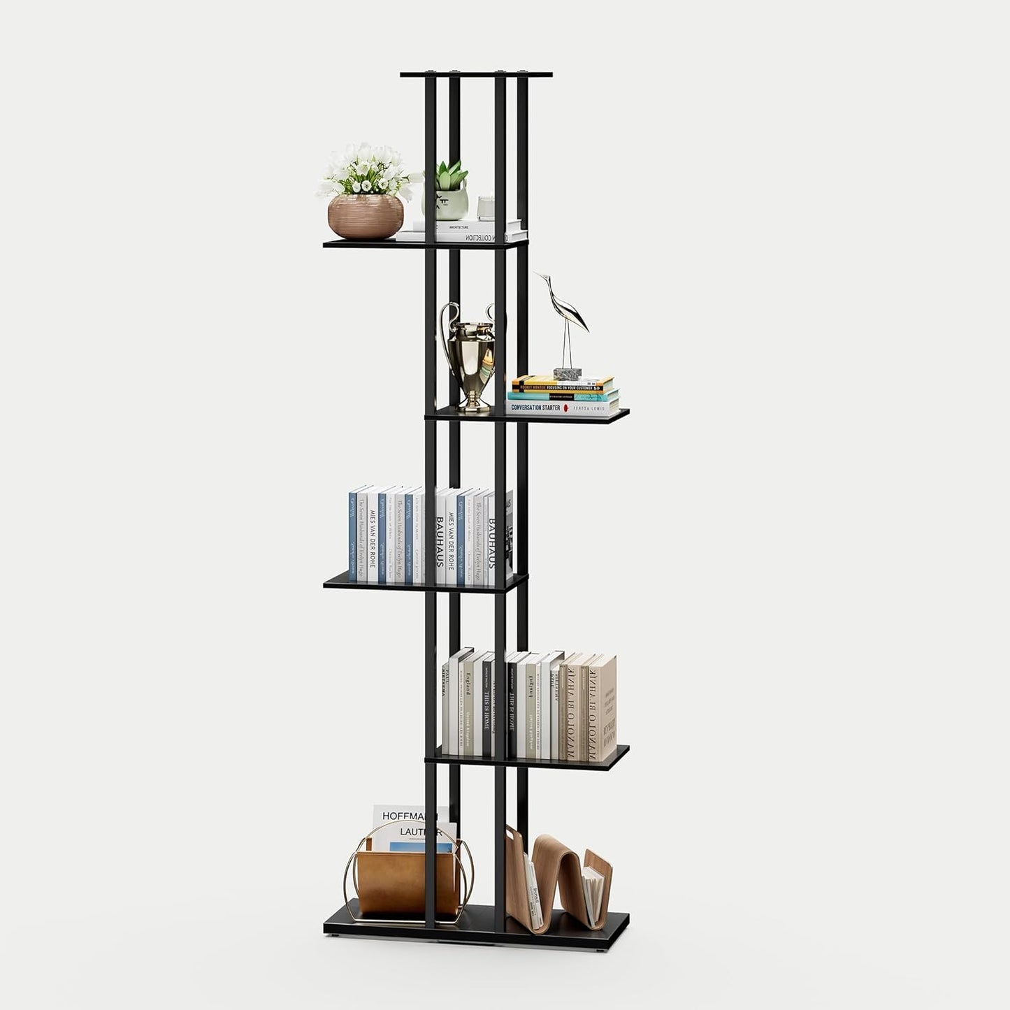 6 Tier Corner Bookshelf,Slim Open Bookshelf,Small Book Shelf for Small Spaces,Living Room, Home Office, 9.45 x 20.8 x 62.2 Inches,(1PC+Rustic Borwn