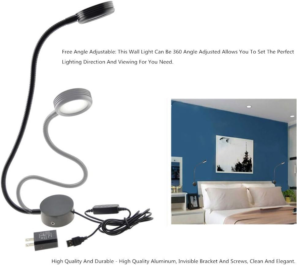 2-Pack 3W Wall Mounted LED Light, 3 Color Temperatures (3000K-4500K-6000K) and 10-Level Dimmable Gooseneck Lamp, 48cm Flexible Neck with 360 Rotation, USB-Powered for Bedroom, Office, Closet