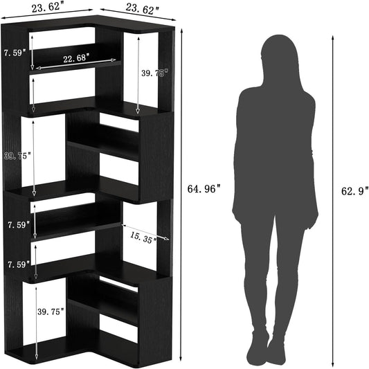 Lkeiyay 9-Tier Black Corner Bookcase, 65” Tall Space-Saving Modern Corner Bookshelf for Living Room/Bedroom, Sturdy Open Storage Unit with Multiple Shelves, Perfect for Home Office & Small Spaces