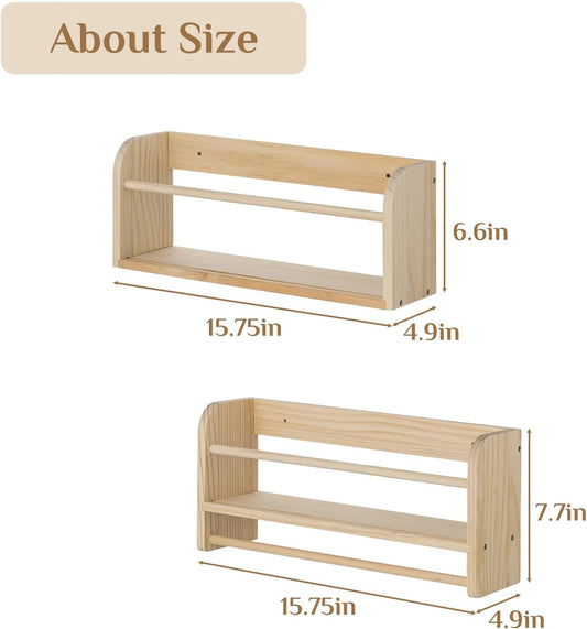Nursery Book Shelves for Wall: Solid Pine Wood Wall Mounted Bookcase with Anti-Drop Bar for Kids' Room Easy Installation with Back Panel (Natural)