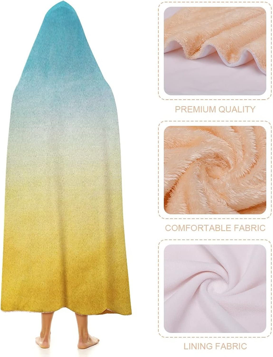 Throw Blankets, Yellow and Blue Women Men Hooded Blanket, Surf Waves Ocean Beach Exotic Dreamy Gradient, Soft Warm Cozy, 40 x 50inches, Studying Reading Snuggling Napping Office, Blue Yellow