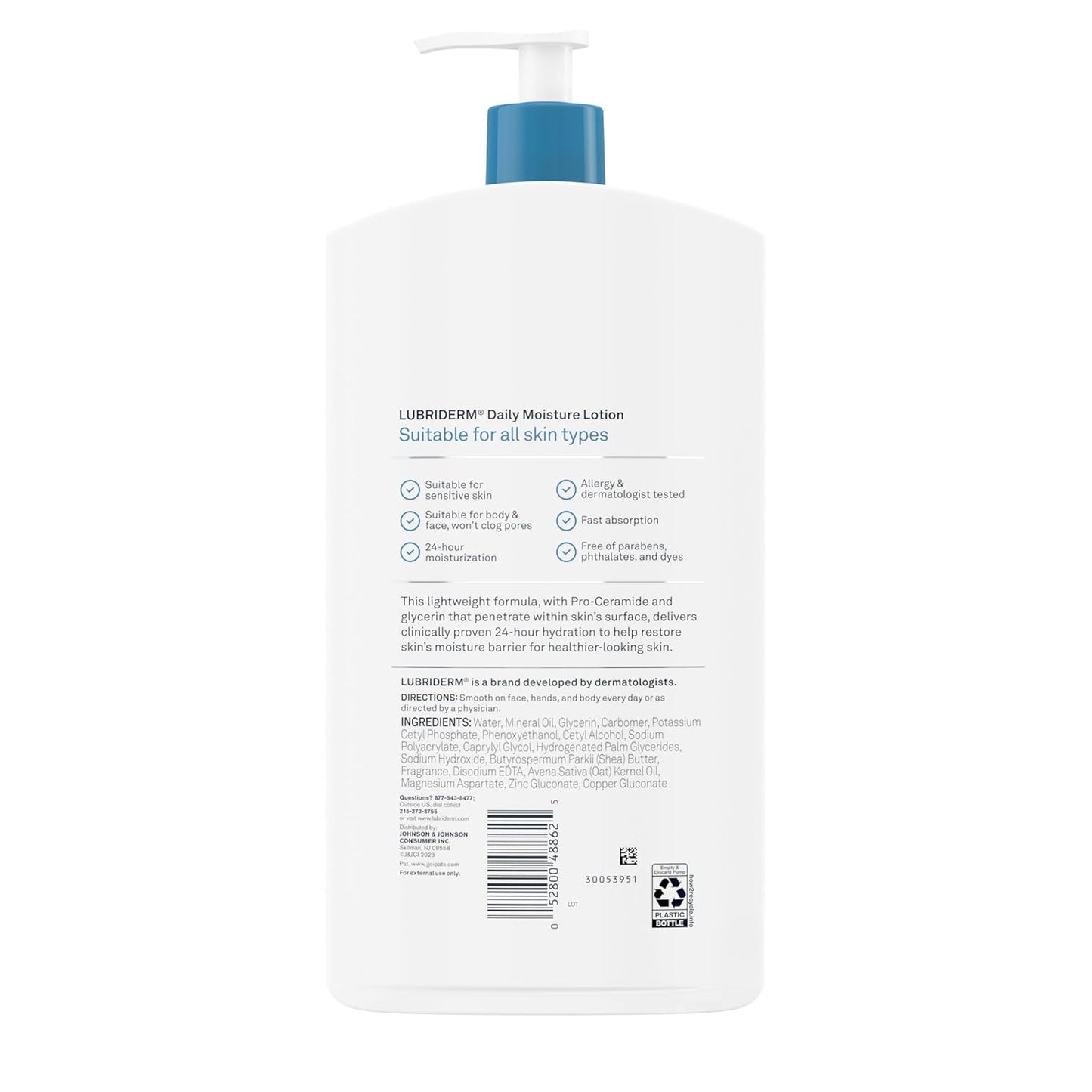 Lubriderm Daily Moisture Lotion + Pro-Ceramide, Shea Butter & Glycerin, Hydrating Face, Hand & Body Lotion, 24-hour Moisturizer for Dry Skin, Paraben & Dye Free, Scented, Non-Greasy, 24 FL OZ
