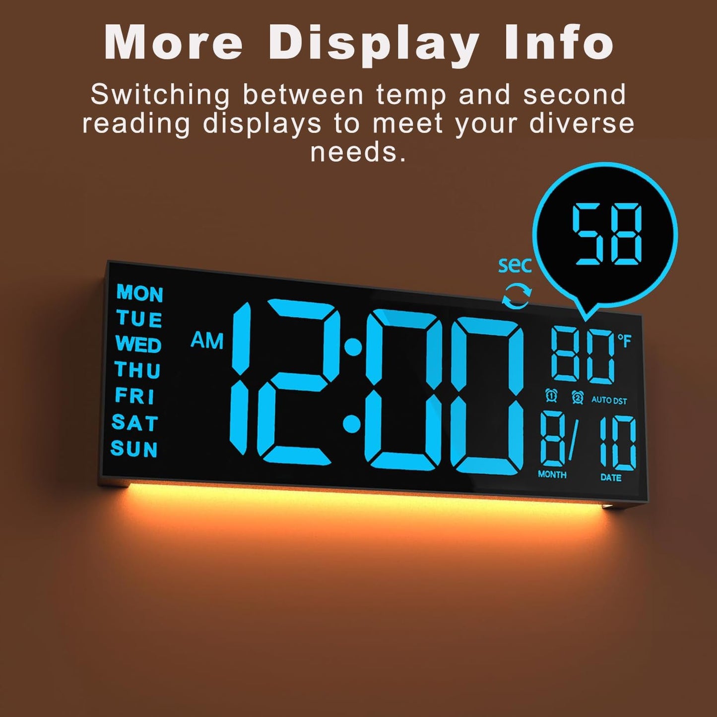 JALL 13" Large Digital Wall Mount Clock, Count Down Timer, Alarm, Big LED, DST, Temperature for Living Room Classroom Desk, Xmas, Birthday Gift for Senior Mom Dad, RGB