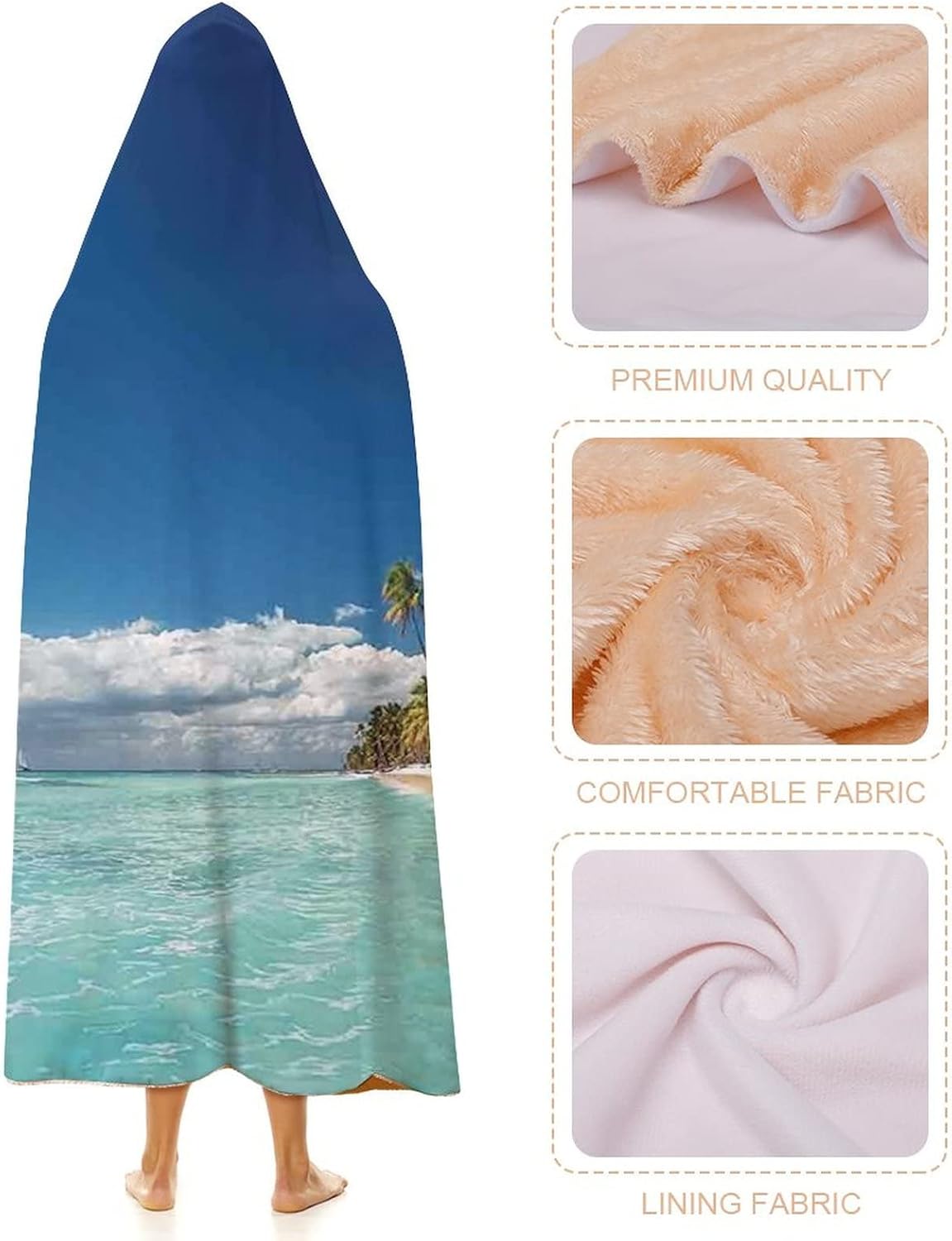 Throw Blankets, Ocean Women Men Hooded Blanket, Landscape of Paradise Tropical Island Beach with Vivid, Soft Warm Cozy, 60 x 80inches, Studying Reading Snuggling Napping Office, Green Blue Cream