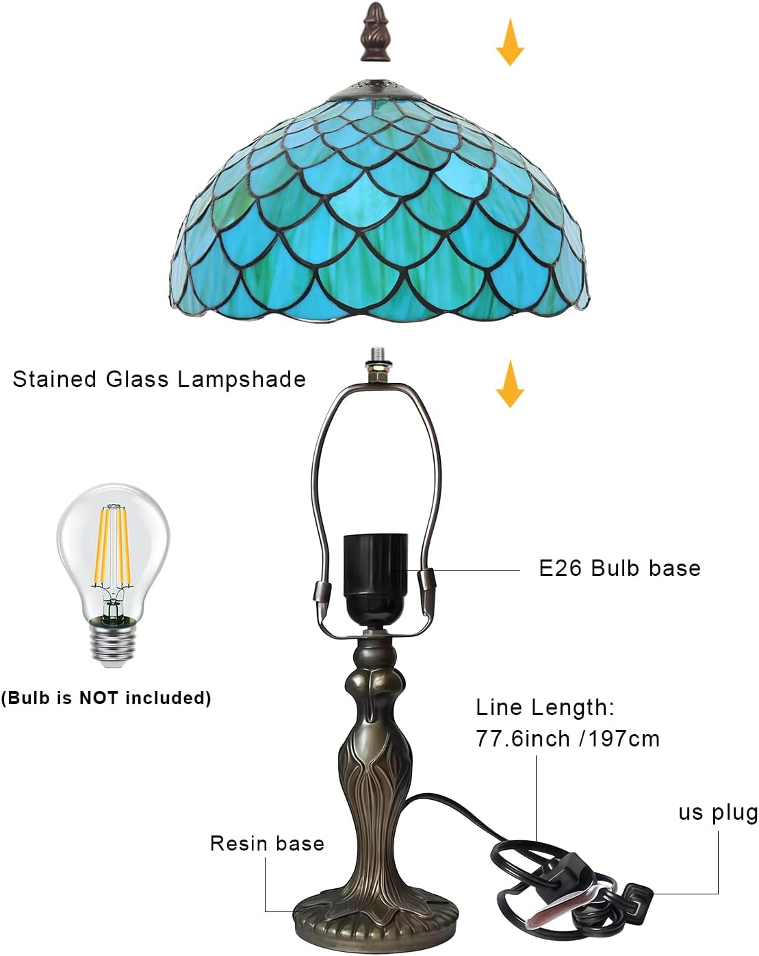 Tiffany Table Lamp, Stained Glass Lamp, 12x12x19 Inch, Metal Leaf Base Decor Lamp for Bedroom、Living Room、Home、Office(Blue Green Fish Scale Style)