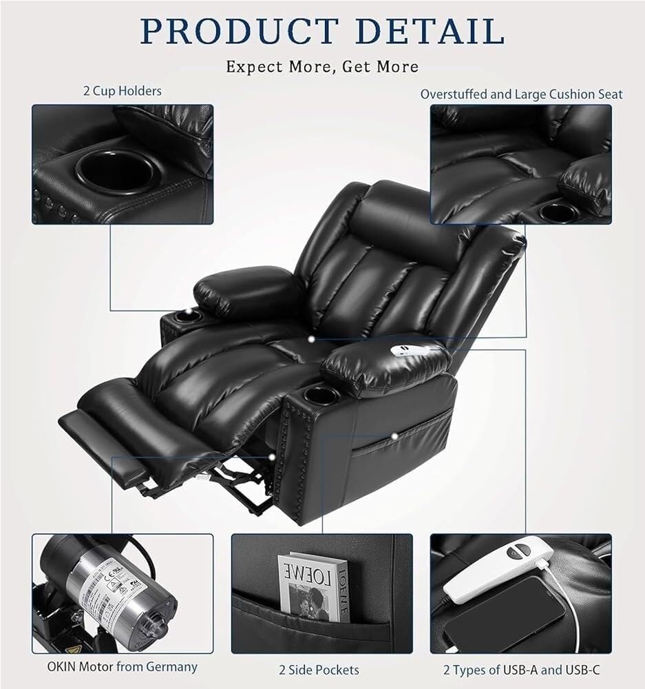 Infinite Position Power Lift Recliner Chair for Elderly with Heat and Massage Electric Stand Up Sofa Thickened Ergonomic Padded Lounge for Back Waist Knee Relief Dual Side Pockets