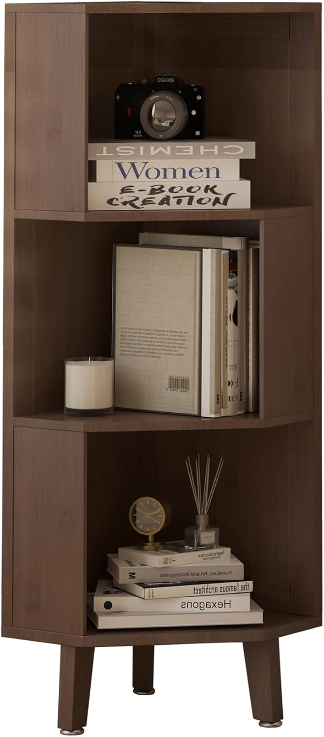 3 Tier Corner Bookshelf, 45.3’’ Tall Bamboo Corner Bookcases with Storage Display Rack for Home Office, Living Room, Study Room (Brown)