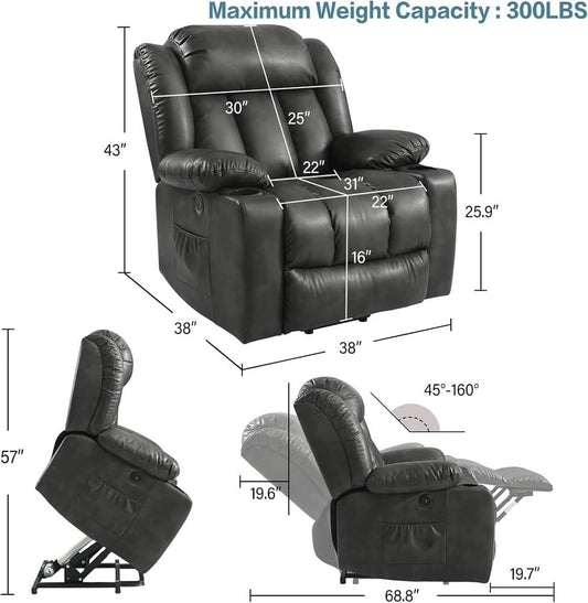 Gray Power Lift Recliner Chair for Elderly, Breathable Leather Electric Stand Up Recliner with Vibration Massage & Lumbar Heat, USB Charging Ports, 2 Cup Holders