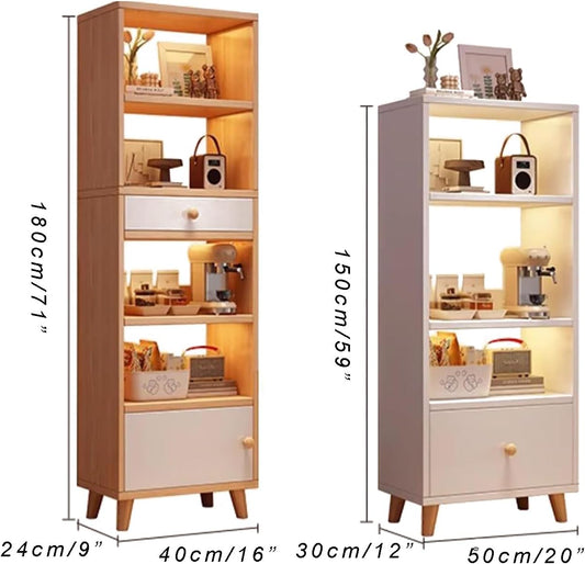71" Tall Wood Bedside Table, Free Standing Open Shelf Bookcase with Drawers, 4 Tier Bookshelf Narrow Nightstand with Storage Shelves for Bedroom,living Room,Offices(40x24x180cm(16x9x71"), White)