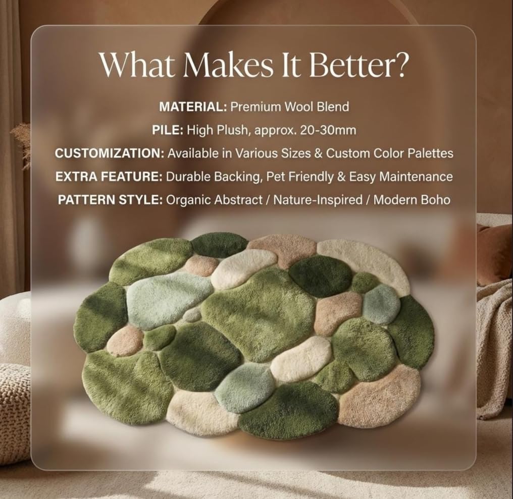 3D Pebble Stone Area Rug, Green Beige and Blush, Fluffy Tufted, Irregular Shape, Living Room Decor (Green with Olive Green, 10' x 14' Feet)