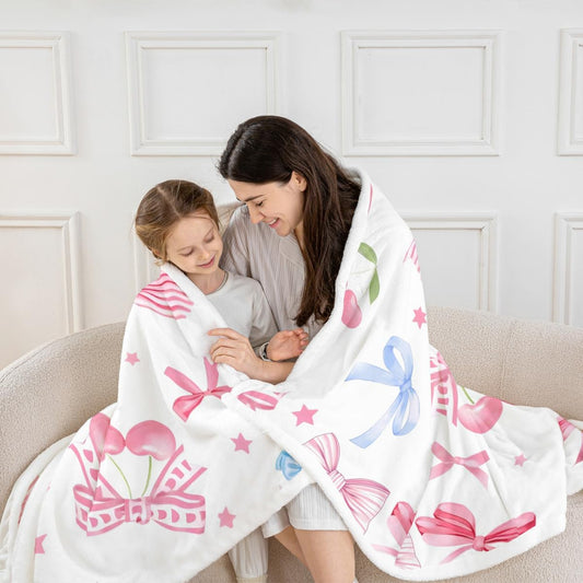 Manfei Bow Cherry Throw Blanket Pink Blue Bowknot Fleece Blanket, Cute Bow Tie Princess Cozy Throws for Bed Couch Sofa, Kids Girls Women Room Decor, Soft and Breathable(50 x 60 Inches)