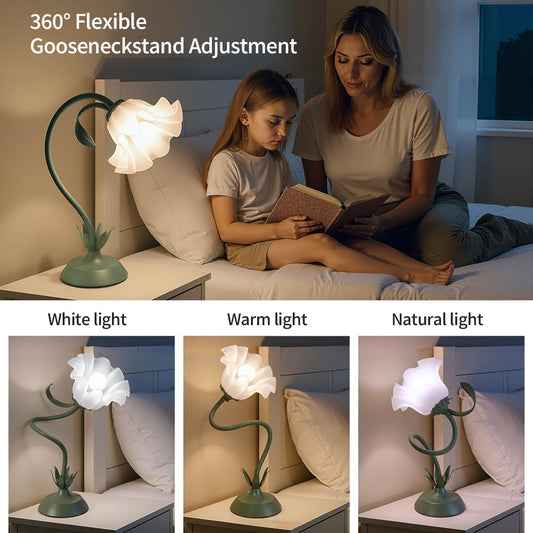 Flower Table Lamp for Bedroom, 3 Colors Flower Reading Light with E26 Bulb, Cute Lily Desk Lamp Bedside Lamps for Nightstands Home Decor, Adjustable Flexible DIY Floral Lamps for Living Room Office