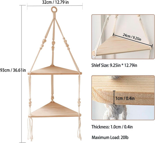 Artilady Corner Shelf White Wall Hanging - 2 Tier Wood Floating Shelves, Rustic Boho Wall Shelf Decor Hand Woven Cotton Rope Storage Rack for Plants Pots Photo Frames (White)