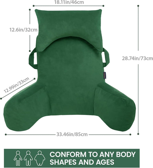 Portable Reading Pillows with Headrest for Bed Sitting Up(Green Oeko-Tex), Velvet Back Pillow with Arms & Pockets for Adults, Support Memory Foam Bed Pillow for Dorm/Reading/Watching/Gaming