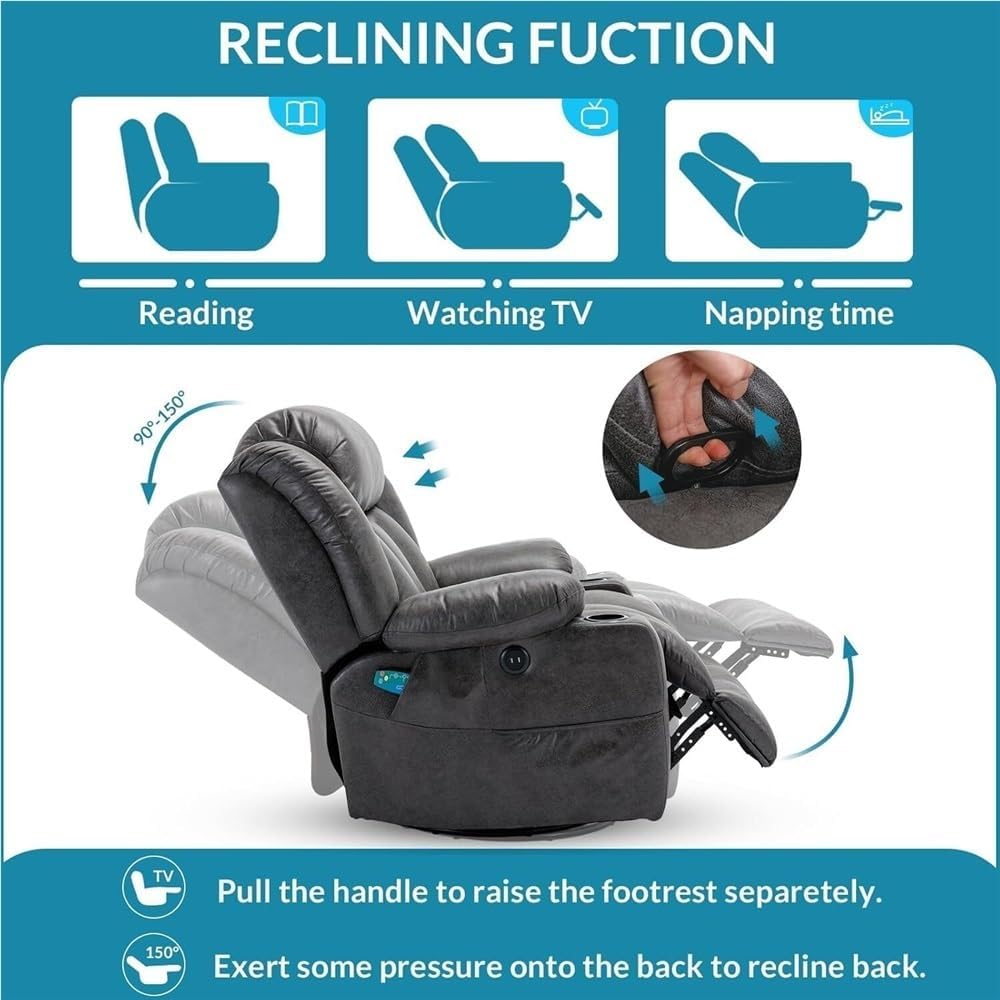 Power Swivel Glider Recliner with Lumbar Heat & Vibration Massage, Large Electric Rocking Chair with USB Ports, Cup Holder & Side Pockets – Home Theater Recliner for Living Room
