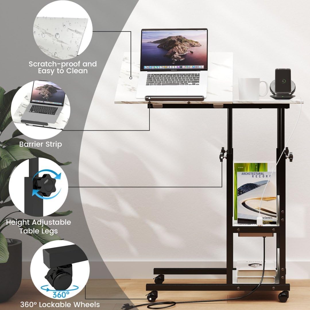 C-Shaped End Table with Charging Station — Tiltable, Height-Adjustable, Wheeled, Over-Bed Laptop & Drawing...