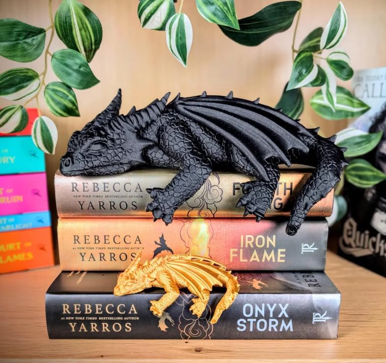 Wnsamoddy Dragon Bookshelf Decor Set, Solid Resin Fantasy Bookends, Black and Gold Dragon Statues for Shelves, Dark Academia Book Nook Accessories, Unique Gift for BookTok Readers & Romantasy Fans