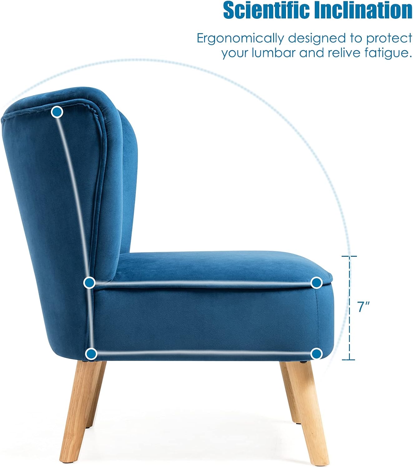 KOTEK Velvet Accent Chair, Modern Armless Accent Chair w/Solid Rubber Wood Legs, Upholstered Side Chair Club Sofa Chair Slipper Chair for Living Room Bedroom (Blue)