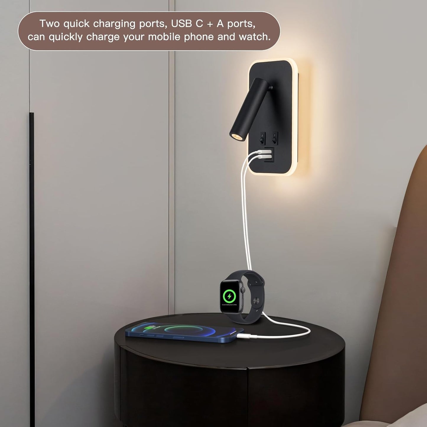 Headboard Reading Light, Bedside Lamp Plug in Hardwired 2 in 1 Wall Sconce Bedside Lamps USB C+A Ports, Adjustable Headboard Lights for Bedroom with 10W+3W Wall Mounted Reading 3000K (Black)