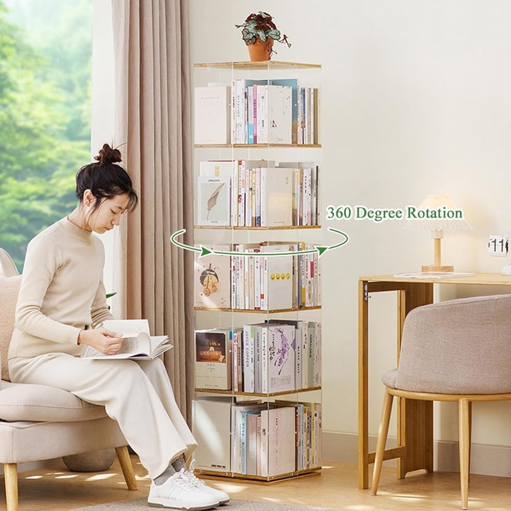 Transparent Acrylic & Bamboo 360° Rotating Bookcase - 4 Tier Revolving Bookshelf for Bedroom, Living Room, Study Room - Stylish Storage Solution & Modern Decor