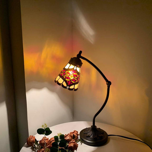 Bieye L10870 Tiffany Style Stained Glass Table Lamp Night Light with Swing Arm Base for Working Reading Home Decoration (Baroque Red)