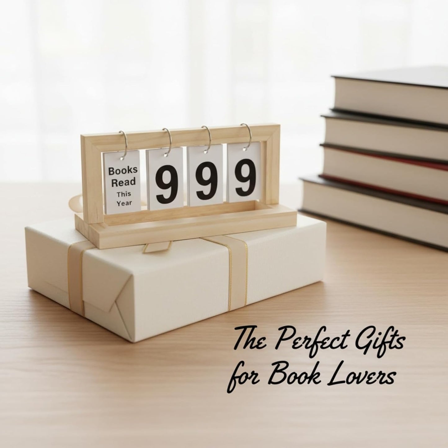 Wooden Books Read This Year Counter Tracker, Modern Style Library Decor Sign, Tabletop Display Stand This Month, Book Lover Gift for Librarian, Reader, Teacher, Women (Nature Wood)