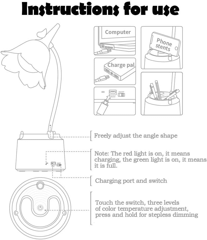 Pink Cute Desk Lamp for Kid, Rechargeable LED Lamp with USB Charging Port, Flexible Gooseneck, 3 Color Modes & Stepless Dimming, Table Lamp for College Dorm Bedroom Reading