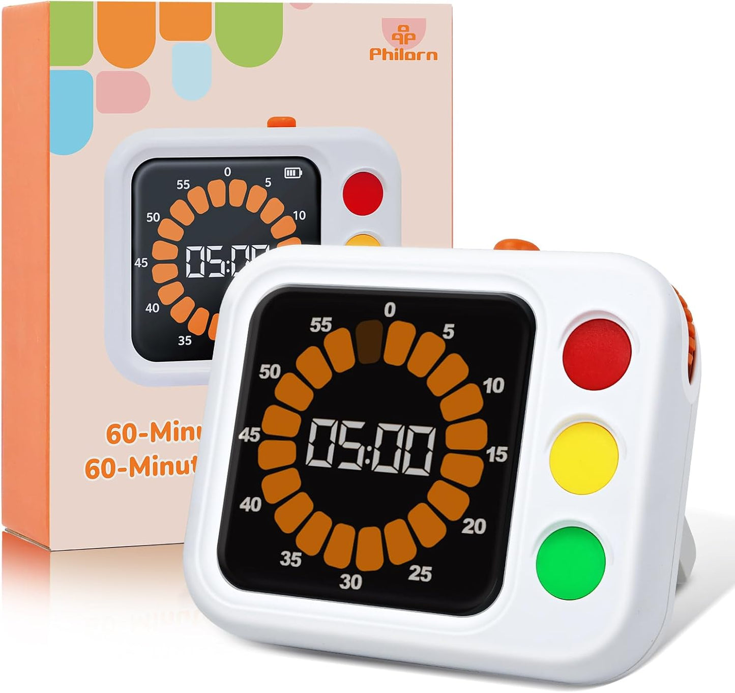 PHILORN Digital Visual Timer for Kids, with Coloured Progress bar, 60-Minute Countdown and Adjustable Volume and Brightness for Calm Transitions, Classroom & Home Kitchen Cooking Baking