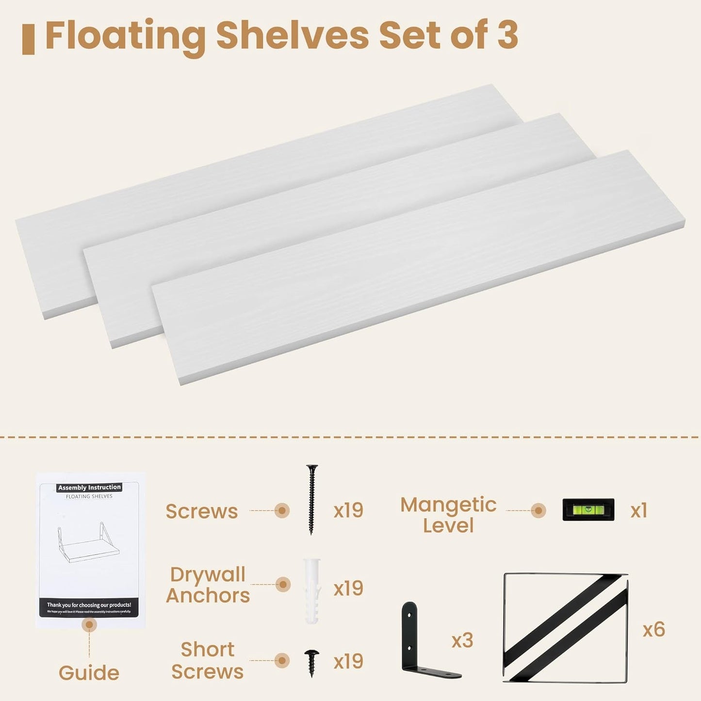 Heimlove Floating Book Shelves for Wall,35.4 Inches Long Wall Mounted Bookshelves,Heavy Duty Bracket Shelves for Living Room Kitchen,Laundry Room Storage & Decor,Set of 3,White