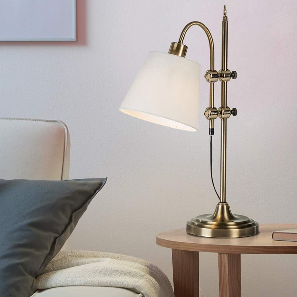 Bedside Table Lamp American Table Lamp Metal Base Linen Lampshade Bedroom Bedside Table Lamp Living Room Study Reading Lamp Adjustable Height from 17.7" to 24.8" Farmhouse Desk Lamps (Color : White