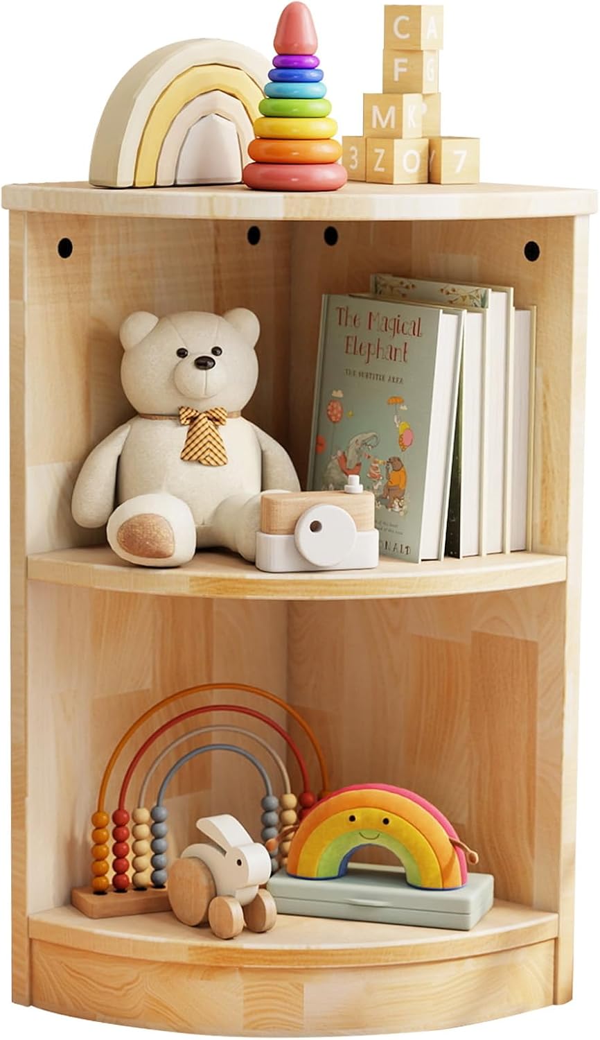 Rubber Wood Corner Cabinet, 2-Tier Kids Montessori Shelf, Toy Storage Organizer and Book Shelf for Playroom, Nursery, Kids Room, Kindergarten