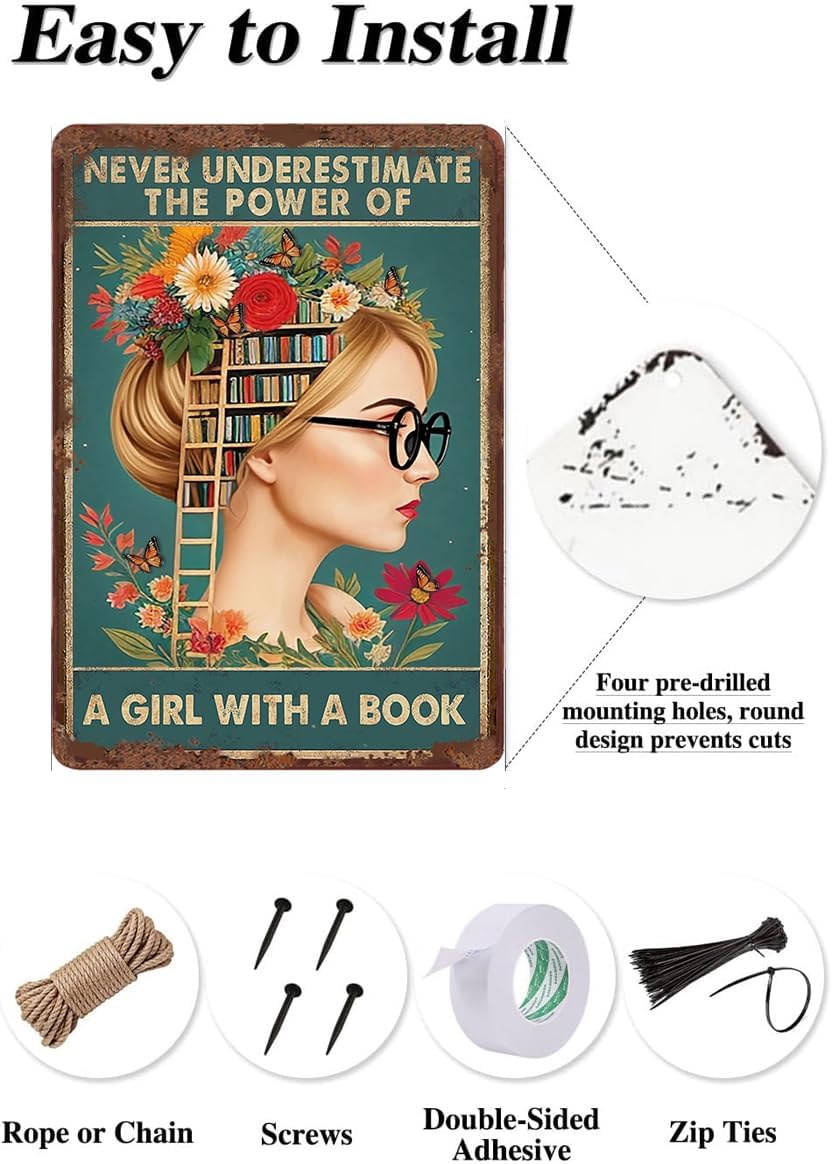 Inspirational Poster Metal Tin Sign Never Underestimate the Power of a Girl With a Book Bedroom Classroom Girl Room Decor Teacher Book Lovers Gift 5.5x8 inch