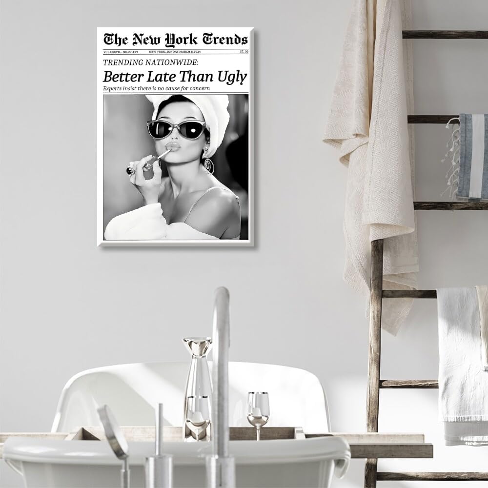 Vintage Newspaper Wall Art Black and White Canvas Prints Better Late Than Ugly Funky Feminist Poster Trendy Preppy Aesthetic Wall Decor for Girly Dorm Room Bathroom 8x12inch Unframed