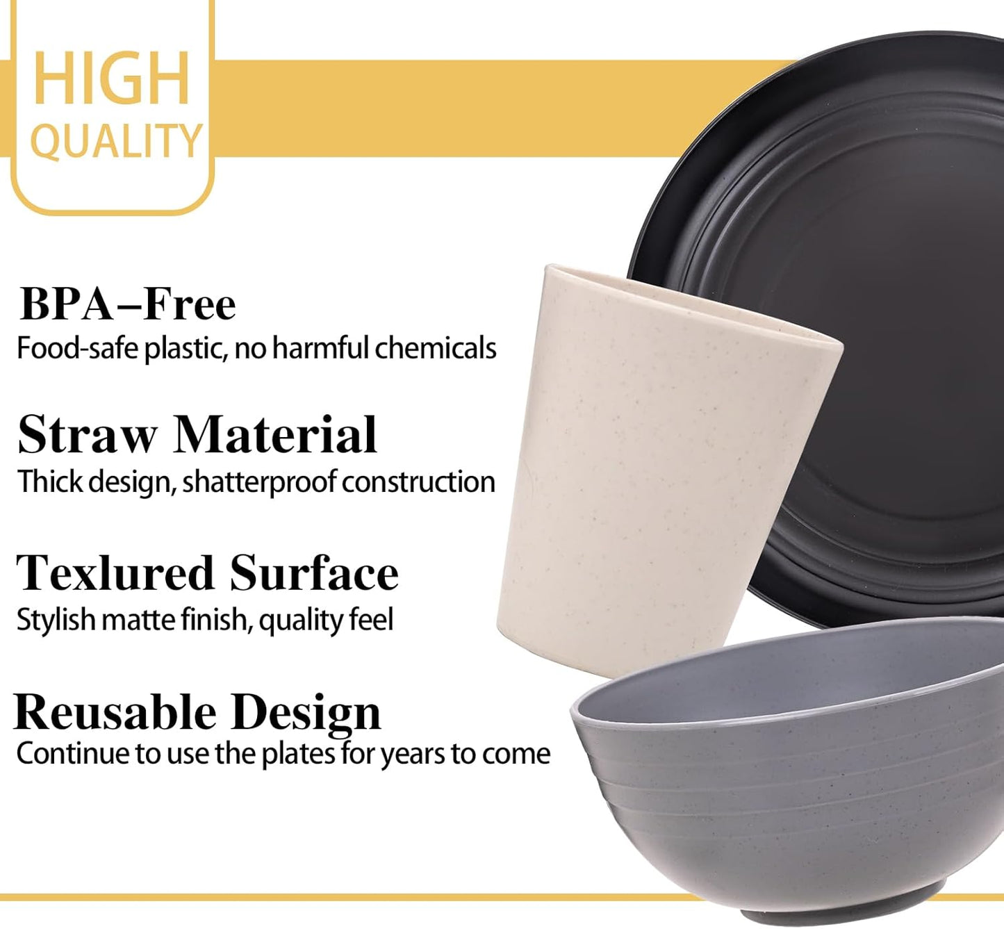 Rubtlamp Wheat Straw Dinnerware Sets, 16PCS Plastic Dinnerware Set for 4, Wheat Straw Plates and Bowls Sets, Unbreakable Dinnerware Plastic Microwave Safe Dishes Set for Kitchen&Camping