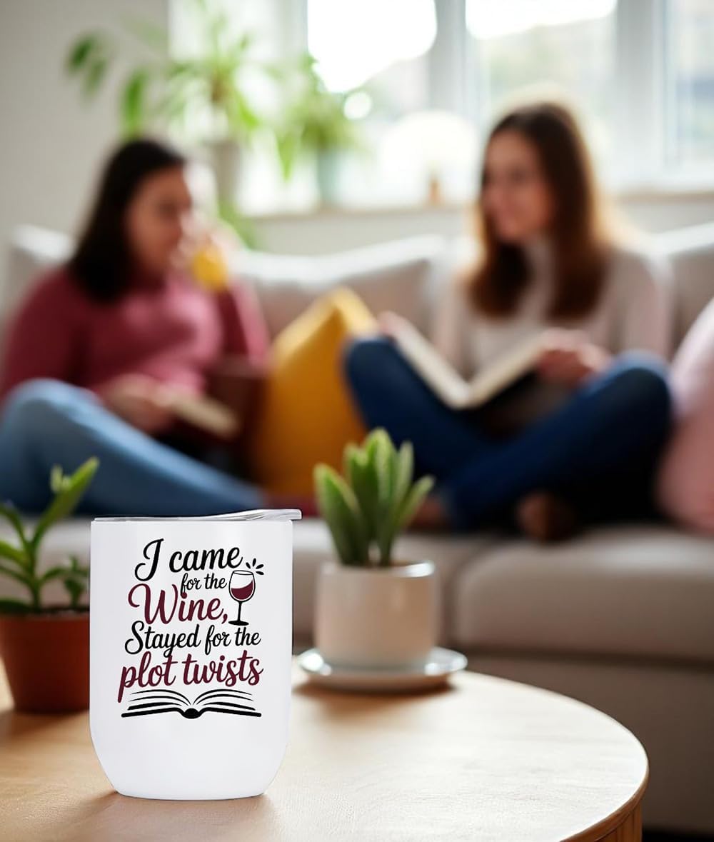 Book club gifts for women. 12oz Bookclub Wine Tumbler with Lid, Funny Bookish Cup for Book Lovers, Unique Gift Idea for Wine Nights and Literary Get-Togethers.