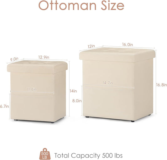 Ottoman with Storage, Set of 2 Footstool with Side Pocket, 16.8 Inches Small Upholstered Ottoman Foot Rest, Multifunctional Ottomans for Living Room, Bedroom, Singel Sofa, Cream