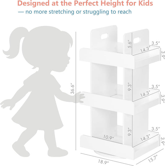 Spirich Kids Rotating Bookshelf Tower, Spinning Bookcase Lazy Susan with Book Display, 3 Tier Revolving 360 Book Shelf Storage, Vertical Rotate Turning Corner Organizer, White