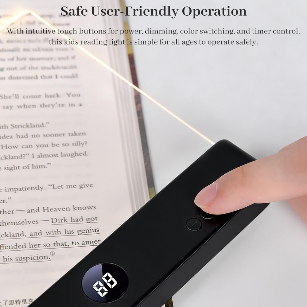 LED Book Light for Reading in Bed, Rechargeable Reading Light with 3 Colors & Stepless Dimming, Night Light with Timer for Adults, USB Eye-Friendly Lamp (Blcak)