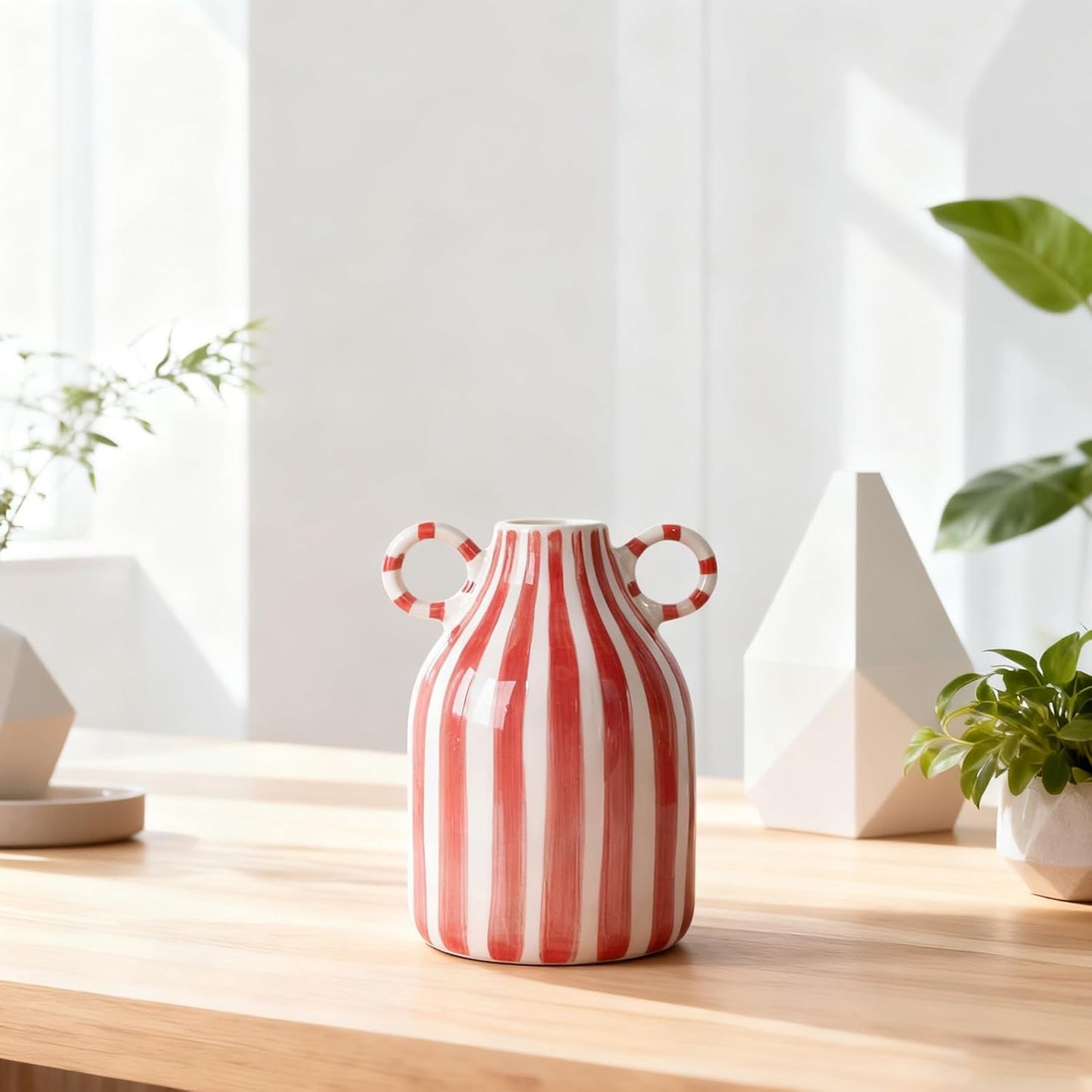 Ceramic Red and White Striped Vase with Handle, Modern Minimalist Christmas Accent Decor Home for Centerpieces for Tables, Kitchen Office, Bookshelf, Bedroom Aesthetic Decor (Red White)