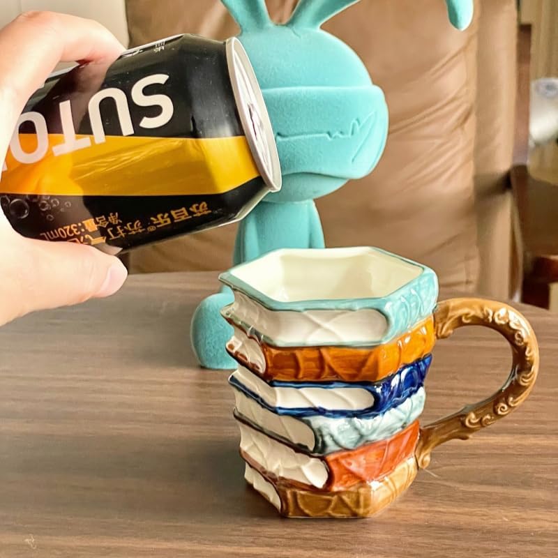 3D Painted Book Stack Coffee Mug, Hand Painted Ceramic Cup with Ornate Handle, Novelty Book Lover Gift, Multicolor Design (classic)