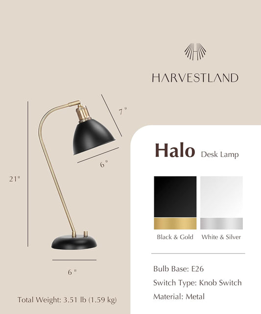 HarvestLand Halo Black and Brass Desk Lamp – Adjustable Desk Lamp with Metal, Industrial Table Lamp with Solid Base for Home Office, Bedside Table Lamps, Task Lamp, Reading lamp, Great Gifts