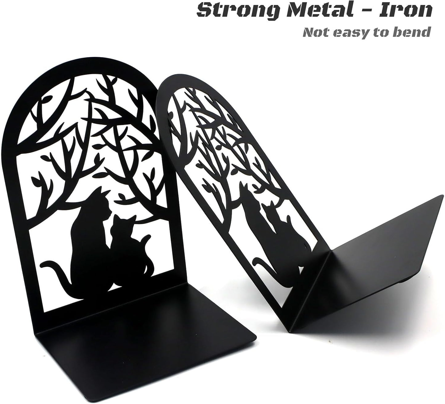 Book Ends, Bookends, Metal Bookend, Cat Decorative Bookends, Bookends for Shelves, Home Decorative Bookends for Heavy Books, Black Non-Skid Book Stopper, 7 x 4.7 x 4 inch (2 Pair)