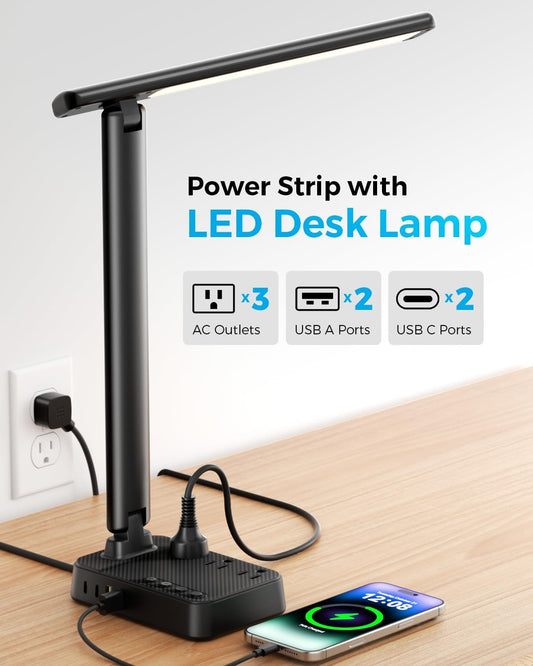 LED Desk Lamp with Power Strip, 3 AC Outlets & 4 USB Ports (2 USB-C), Stepless Dimming & 2800K-6500K Eye-Caring Desk Light, Foldable Table Lamp with 5FT Cord for Home Office, Dorm Room Essentials
