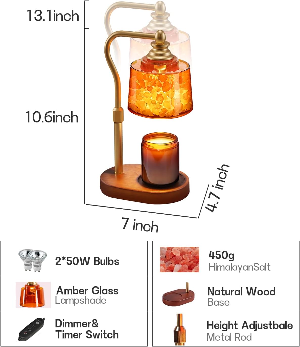 3-in-1 Candle Warmer Lamp with Timer Dimmable, Himalayan Salt Lamp & Passive Diffuser, Gifts for Women, House Warming Gifts New Home Decor, Wax Melt Warmer for Jar Candles (Gold)