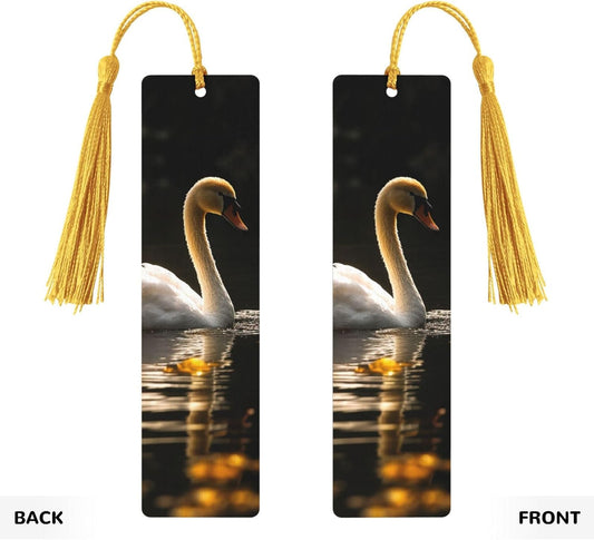 White Swan Swimming Bookmarks Gifts for Women Men, Wooden Bookmarks for Book Lovers, Vintage Book Marks Ornaments with Tassel, Unique Personalized Reading Page Markers Gold
