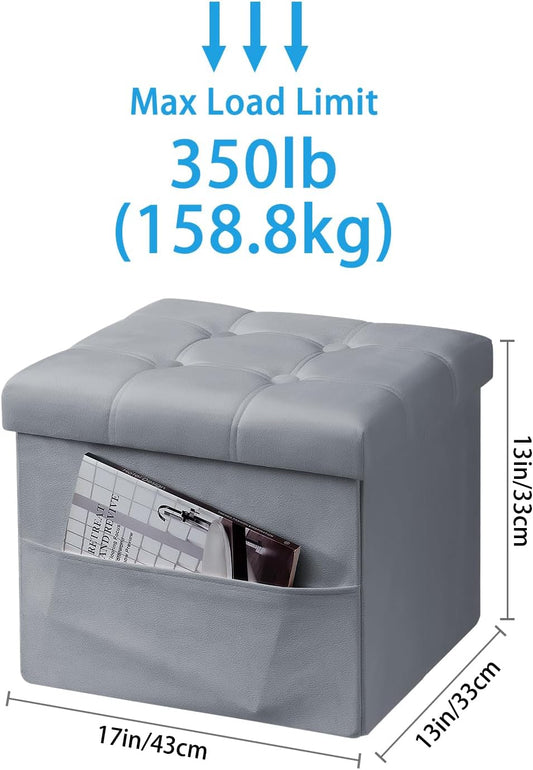 Storage Ottoman Foot Stool, 17 inches Folding Ottoman with Storages, Velvet Storage Bench with Side Pocket, Foot Rest for Living Room, Bedroom (Grey)