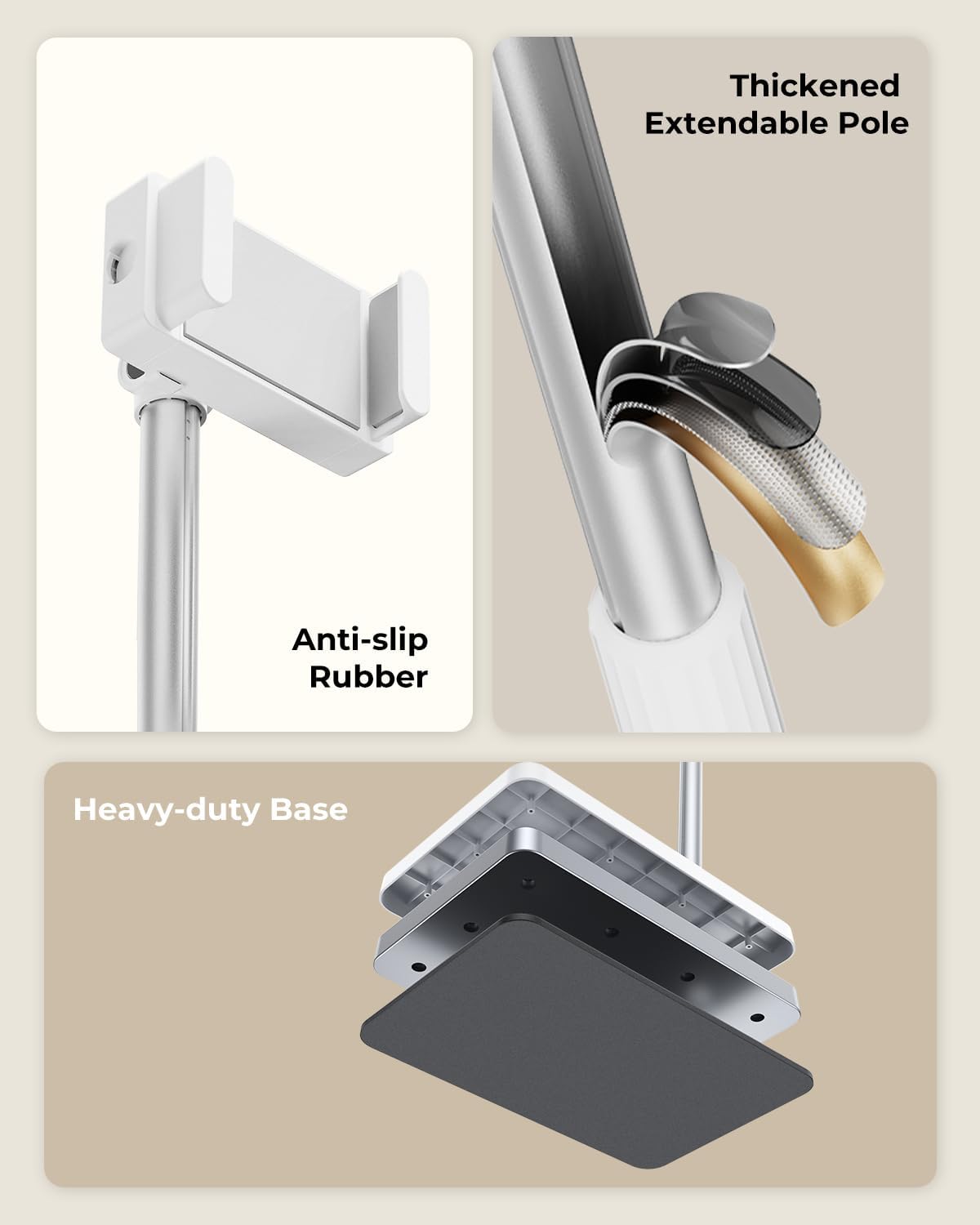 Tablet Floor Stand, Adjustable iPad Holder for Bed & Sofa - 360° Rotating Long Arm, Height Adjustable from 13.5" to 60.3", Sturdy Metal Base for iPad, Tablet, Phone (4-13 Inch), White