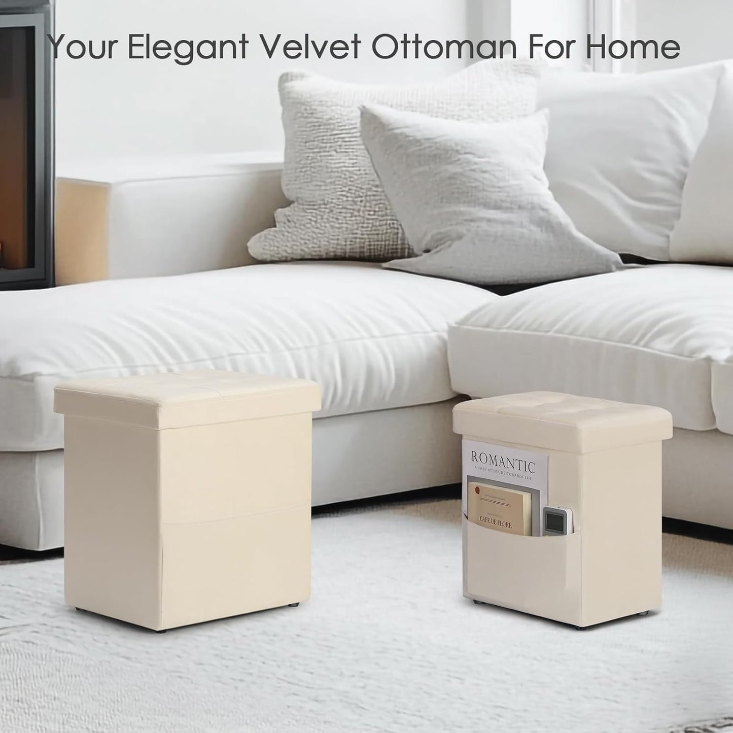 Ottoman with Storage, Set of 2 Footstool with Side Pocket, 16.8 Inches Small Upholstered Ottoman Foot Rest, Multifunctional Ottomans for Living Room, Bedroom, Singel Sofa, Cream